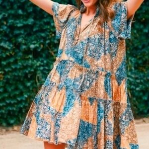 HUNTER BELL Merritt Prarie Patchwork Mini Dress - Blue & Brown Size M